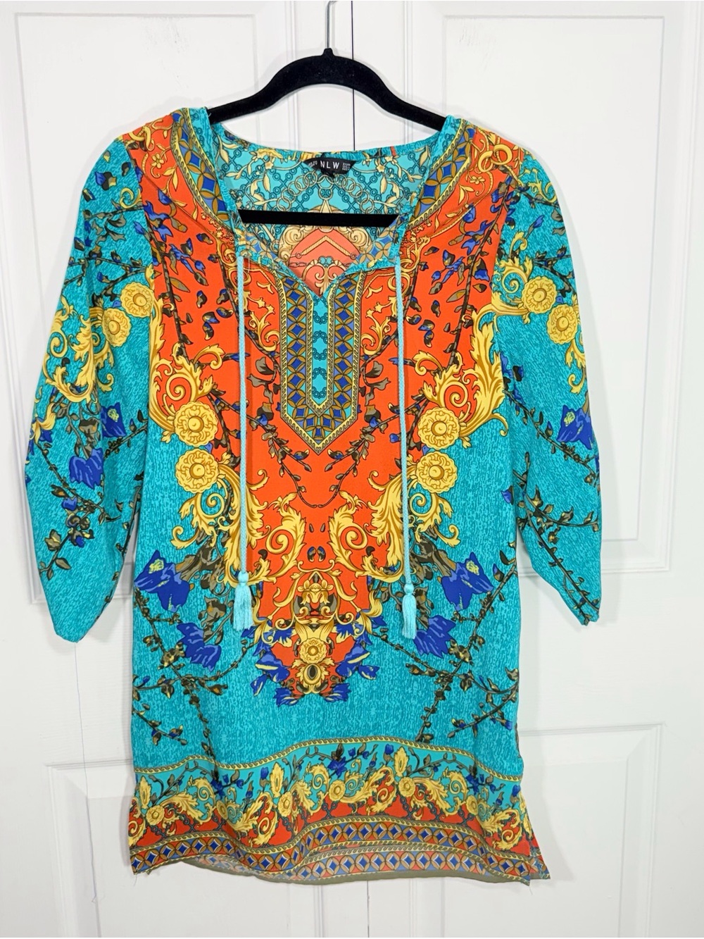 NLW Turquoise & Coral Printed Boho Swim Coverup - Picture 2 of 13